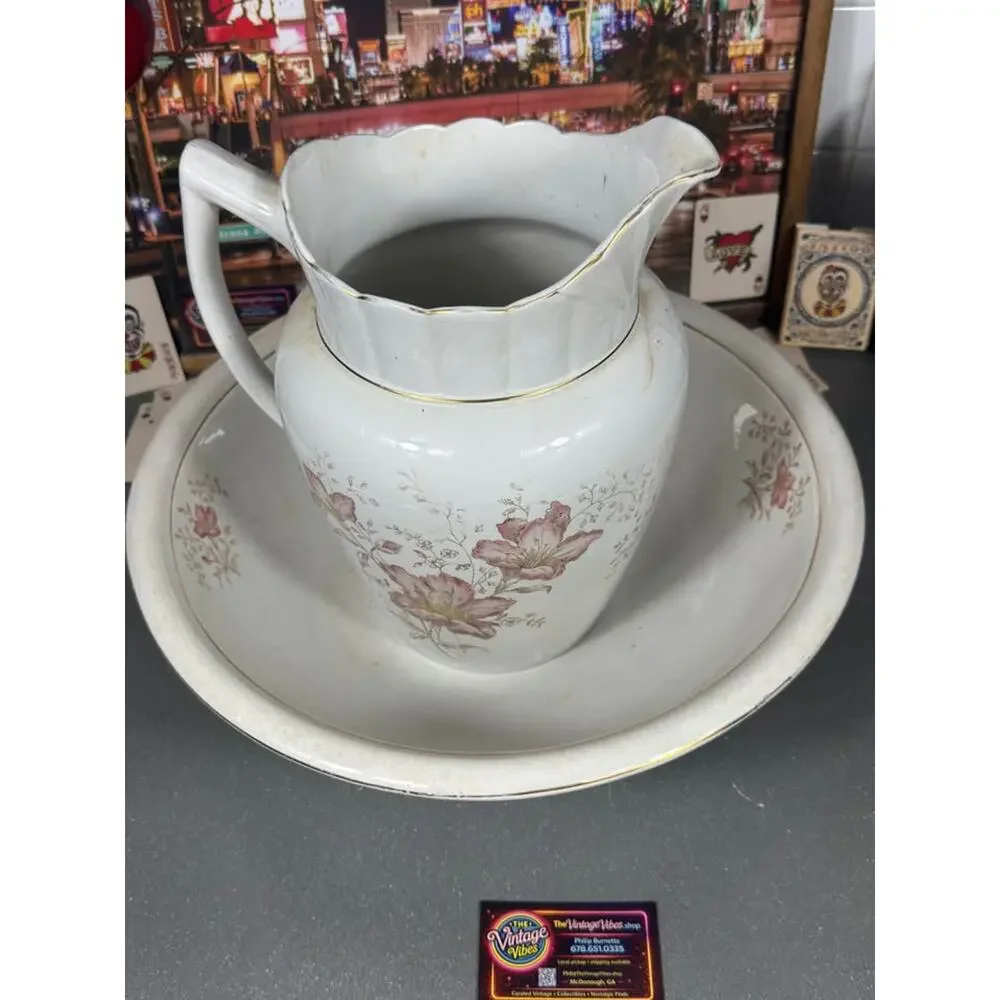 Late 1800s Vintage O.P. Co Ironstone Wash Basin & Pitcher Set Floral Gold